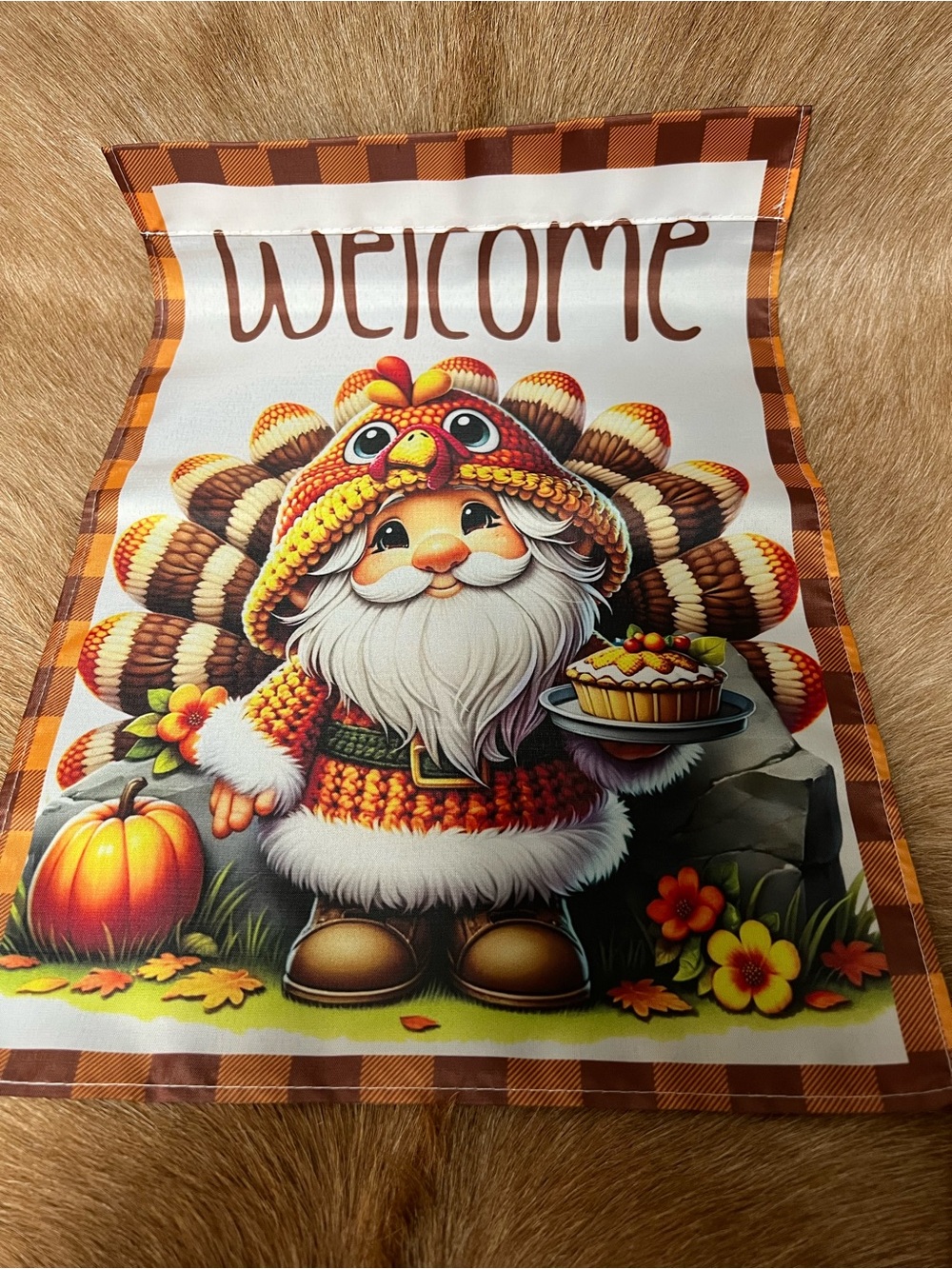 Welcome Thanksgiving Gnome Garden Flag - Orange Brown